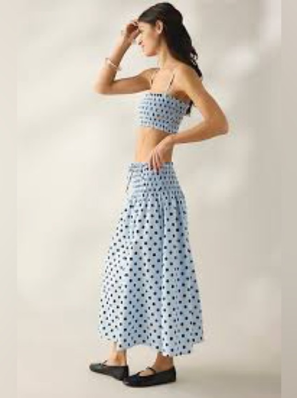 Light Blue Polka Dot Smocked Midi skirt and matching top